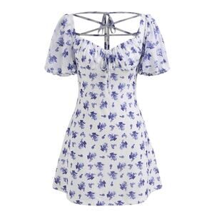 Cider Mesh Square Neck Floral Criss Cross Back Baby Blue & White Mini Dress 8